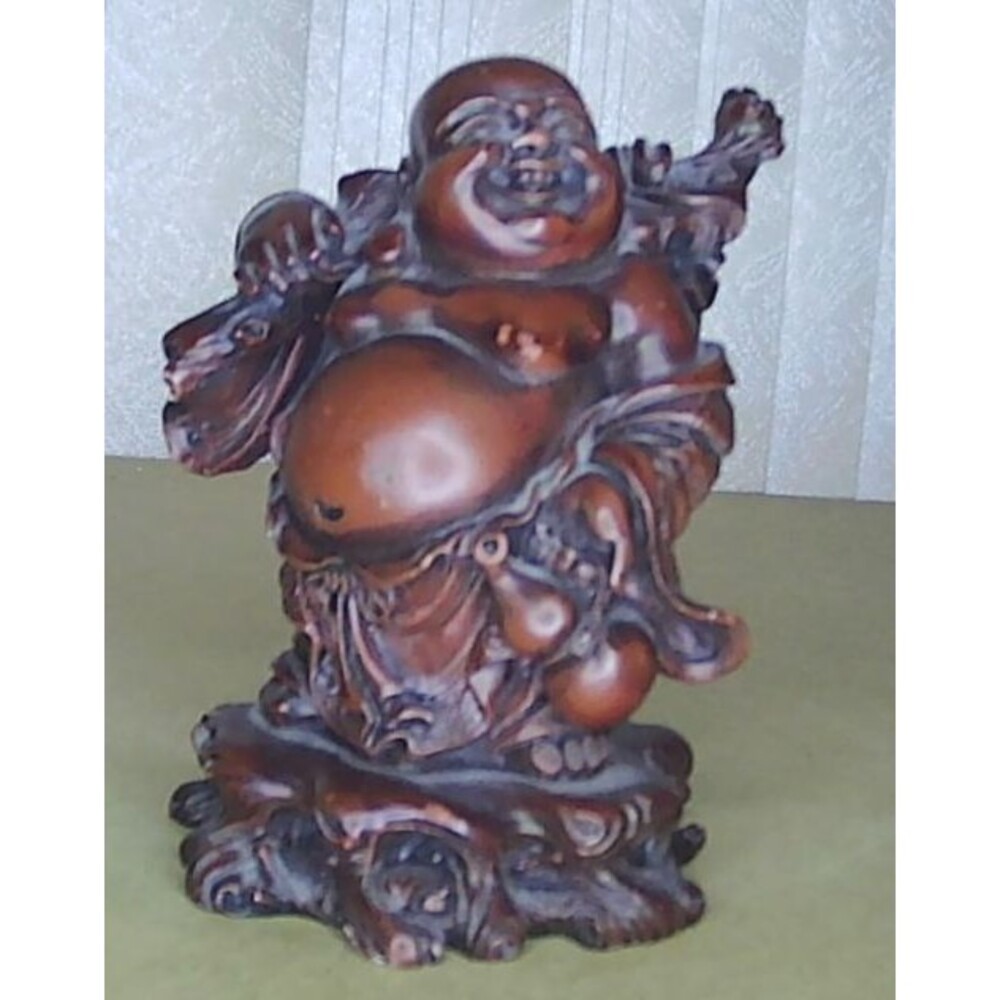 Heavy Vintage Solid Resin Happy Buddha Figurine W Bag on Stick Statue Tall 4.7"